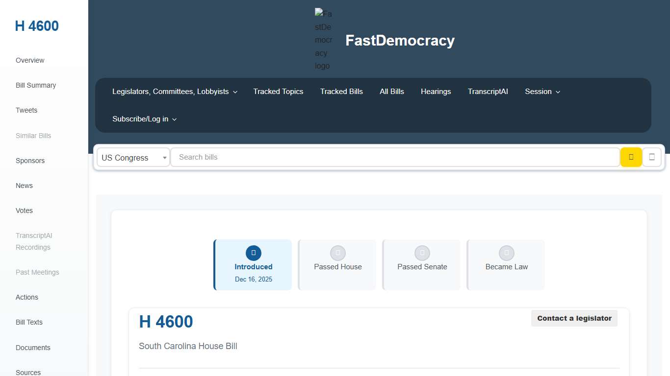 Bill tracking in South Carolina - H 4600 (2025-2026 legislative session) - FastDemocracy